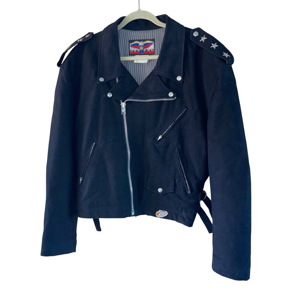 Jeff Hamilton Vintage Mens Size M Black Studded Eagle Biker Denim Jacket Rare